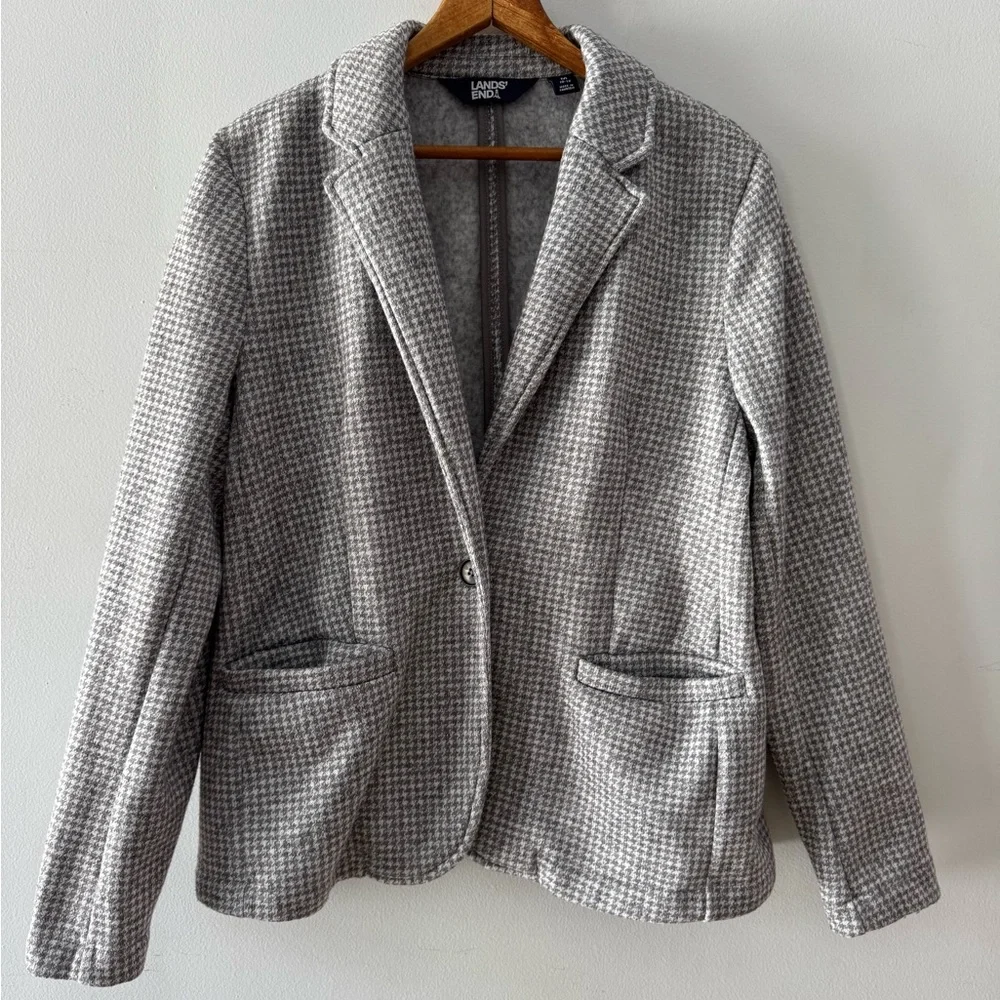 Lands’ End‎ Blazer, Sz Medium 10-12, Houndstooth Grey Polyester Academia Office
